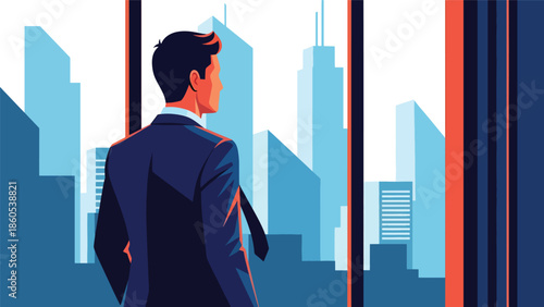 Modern vector illustration of executive standing by window overlooking city before meeting, calm corporate travel and leadership mindset concept