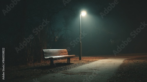 Wallpaper Mural Quiet park bench under streetlight at night near a pathway in a wooded area with shadows and fog Torontodigital.ca