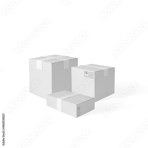 3D cardboard box different sizes vector illustration, white carton parcel closed with tape and transportation symbols