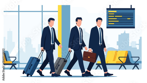 Modern vector illustration of corporate team traveling together with luggage, business collaboration, company trip, and teamwork travel concept
