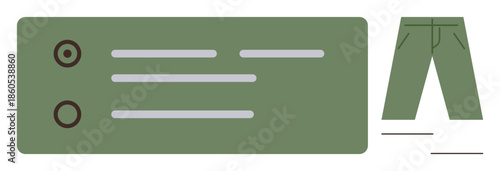 Green pants paired with a clothing tag displaying sizing or brand details, emphasizing apparel and retail design. Ideal for e-commerce, branding, shopping, fashion concepts, minimal style, marketing