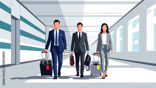 Modern vector illustration of corporate team traveling together with luggage, business collaboration, company trip, and teamwork travel concept