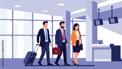 Modern vector illustration of corporate team traveling together with luggage, business collaboration, company trip, and teamwork travel concept