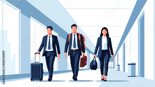 Modern vector illustration of corporate team traveling together with luggage, business collaboration, company trip, and teamwork travel concept