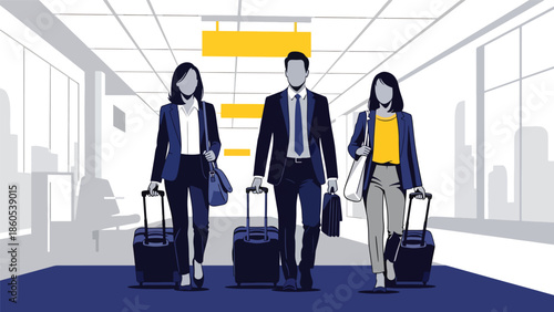 Modern vector illustration of corporate team traveling together with luggage, business collaboration, company trip, and teamwork travel concept