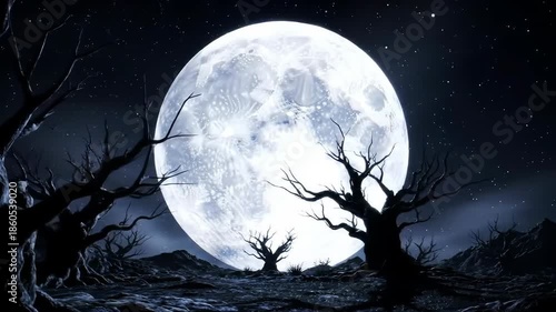 A serene yet eerie nighttime scene featuring a large, bright moon casting an ethereal glow on a desolate landscape with twisted, bare trees