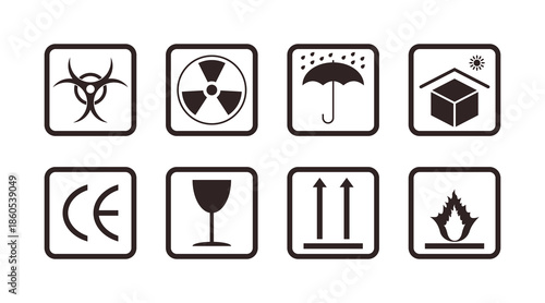 Packaging and warning symbols set, fragile, radiation biohazard, keep dry, CE making, this way up, avoid sunlight signs