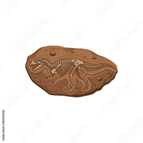 Dinosaur fossil skeleton embedded in rock.