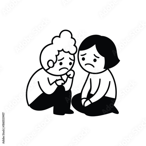 Two sad people sitting together with somber expressions.