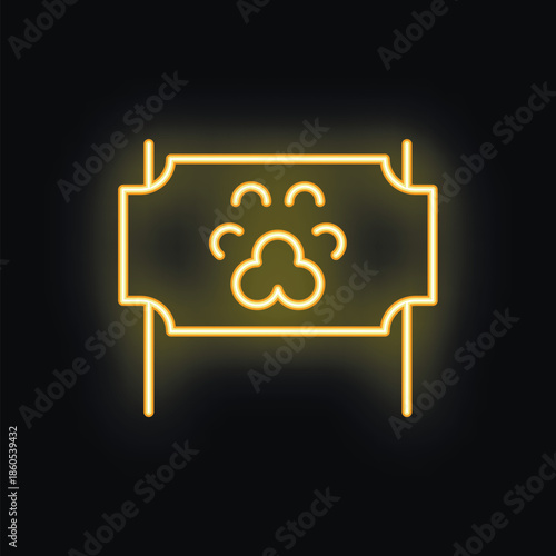 Yellow neon sign with a dog paw print, glowing on a black background