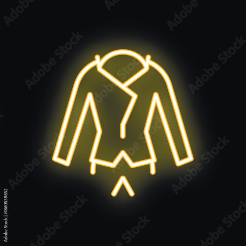 Yellow neon sign of a fashionable jacket glowing on a dark background, perfect for themes of style and clothing