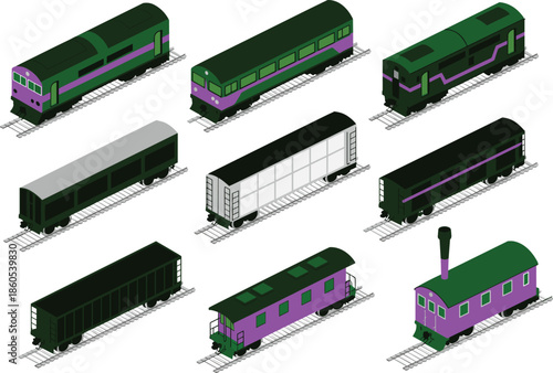 Isometric train and railway wagon illustration set, modern freight and passenger rail transport vehicles collection for infographic, game, app design