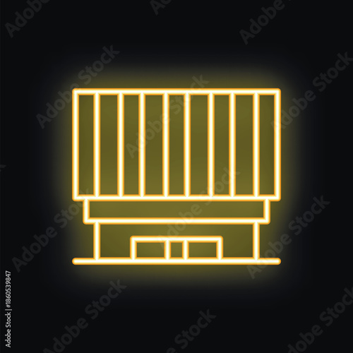 This glowing neon line art icon of an office building is set against a black background