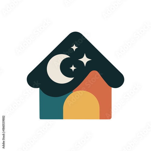 Colorful Night Time House Icon Illustration.