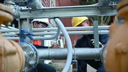 Technician and engineer examine industrial pipeline for operation control