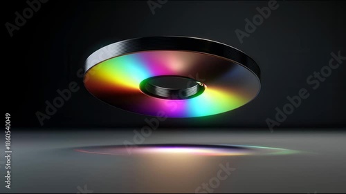 A thick iridescent metallic ring hovers and rotates in the dark casting rainbow highlights on the floor below
