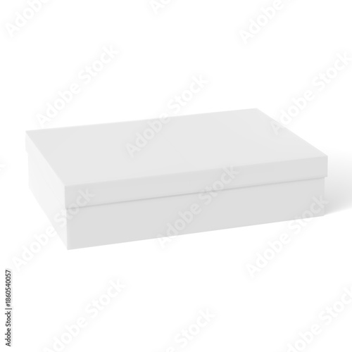Gift cardboard box closed lid, realistic 3D white rectangle container for present parcel, delivery package vector mockup