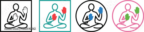 Mindfulness meditation hand gesture icons set illustrating yoga awareness wellness balance mental health calm minimal vector design collection