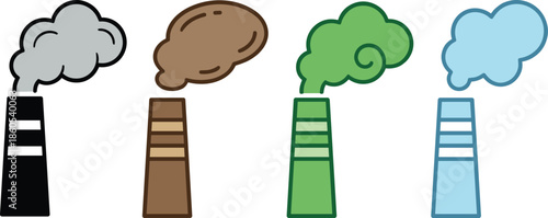 Industrial pollution smokestack icons illustrating emissions levels from dirty to clean energy transition environmental sustainability vector illustration set