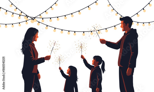 Family celebrating with sparklers