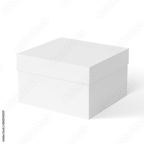 Gift cardboard box with close lid, realistic 3D small white container for present parcel, delivery package vector mockup
