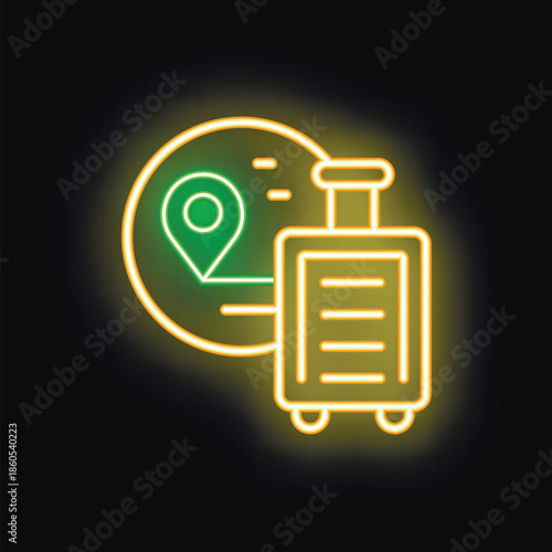 Glowing neon icon featuring a travel suitcase alongside a location pin, symbolizing trip planning and travel arrangements
