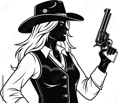 Cowboy silhouette, revolver, Western outfit, black and white, outlaw pose, vintage style, wild west, confident stance, isolated, illustration