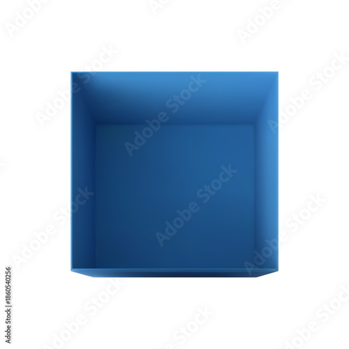Blue open gift cardboard box top view, vector 3D realistic square carton container for present, delivery, wrap package