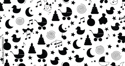 Baby nursery seamless pattern with moon stars ducks stroller toys music icons in black silhouette flat vector