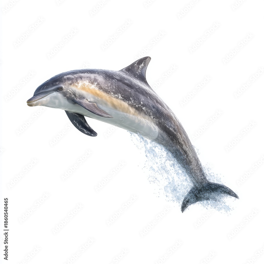 Obraz premium Majestic Dolphin Leaping Gracefully Through Water Creating Splashes and Highlights in a Bright Aquatic Environment