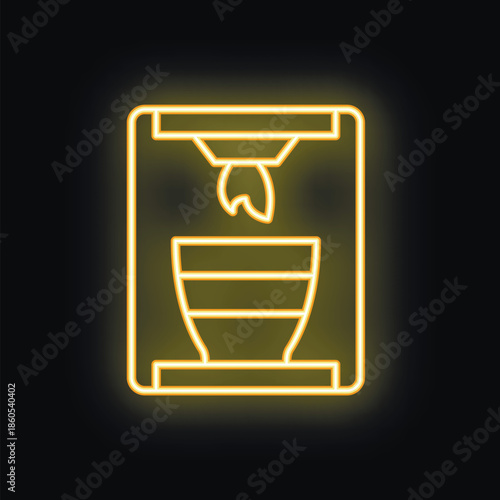 Neon yellow icon of a coffee machine preparing espresso using paper filter