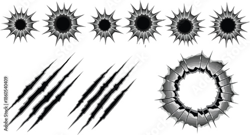 Bullet hole and claw scratch damage set, shattered impact effects collection, isolated elements, cad drawing flat vector illustration