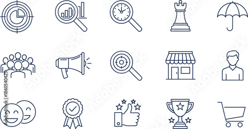 Business Marketing Icon Set Featuring Strategy Chess Piece Target Analytics Megaphone Customer Satisfaction Trophy Retail Shop Umbrella Protection and Growth Data