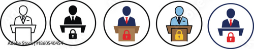 Politician podium icons set with security locks symbolizing public speaking governance leadership transparency and political protection concepts vector illustration