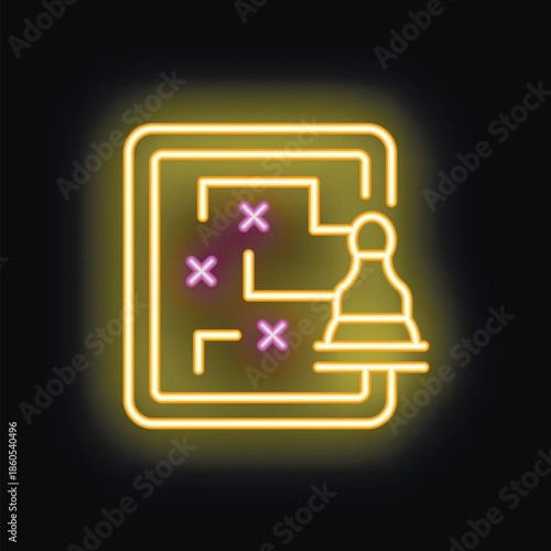Neon strategy board game planning icon glowing yellow and purple on dark background