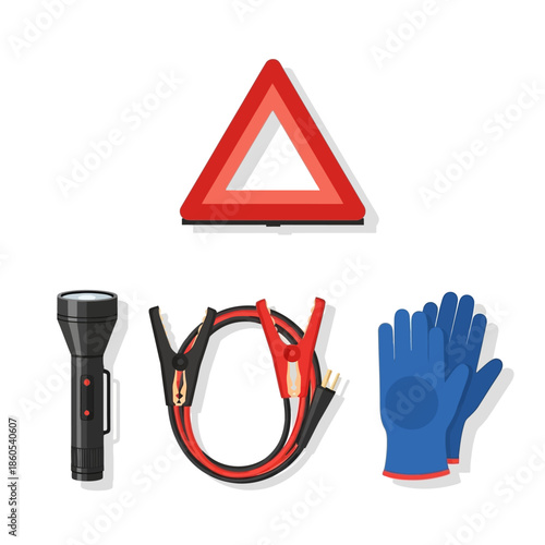 Automotive emergency kit essentials - reflective warning triangle, flashlight, jumper cables, and blue work gloves.