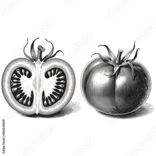 Vintage illustration of a whole tomato and a cross-section revealing its internal structure