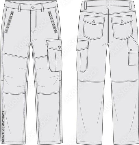 Cargo work pants technical flat sketch, front back view, cad drawing flat vector illustration, utility trousers fashion design template