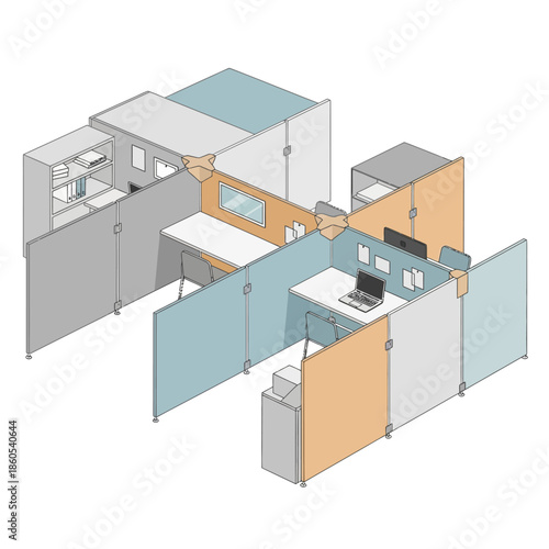 Modern office cubicle system with blue, orange, and grey partitions, featuring desks, chairs, and computers.