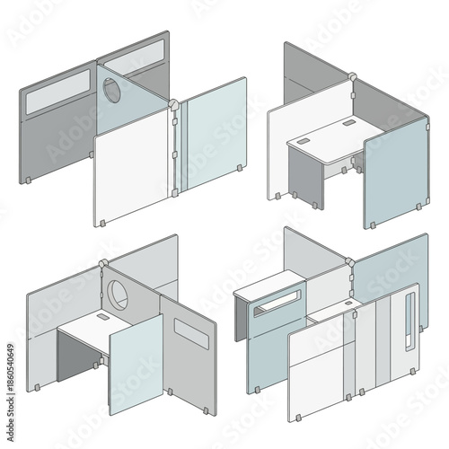 Isometric illustration of modern office cubicle workstations with modular partitions in various configurations.