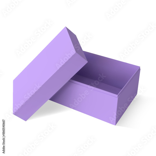 Lilac gift cardboard box with open lid, 3D realistic paper container for present parcel, delivery case vector mockup