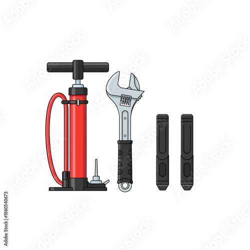 Red Bicycle Pump, Adjustable Wrench, and Tire Levers Set for Bike Repair.