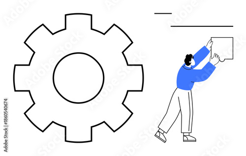 Process optimization theme. Gear systems and person adjusting an object for efficiency. Process optimization in engineering, team workflows, business solutions, automation, and innovation