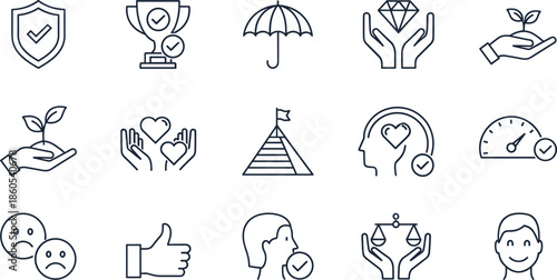 Collection of Minimalist Business Ethics Icons Set Including Insurance Protection Personal Growth Success Achievement Values ​​Wellness Mental Health and Financial Stability