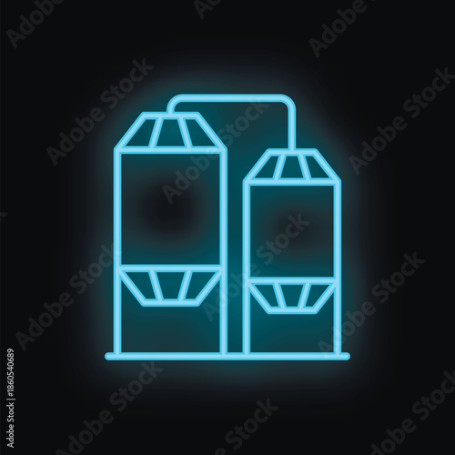 Blue neon icon of two grain storage silos connected with a pipe on black background