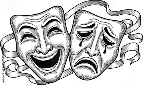 Comedy and tragedy theater masks illustration, classic drama symbols with ribbon banner, vintage engraving style, cad drawing flat vector illustration
