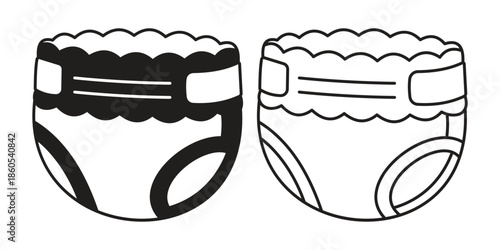 Simple black and white line illustration of baby diaper icon on white background