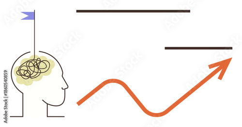 Human head with tangled thoughts and a flag symbolizing goals, a rising arrow for progress. Ideal for analysis, strategy, productivity, self-development, goal-setting, improvement success. Simple