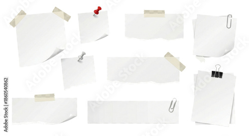 Arrangement of blank notes with clips and tape isolated on transparent background