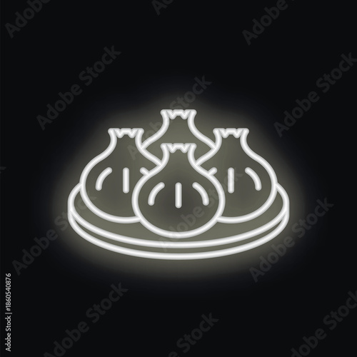 White neon sign depicting four khinkali, traditional georgian dumplings, served on a round plate, set against a black background